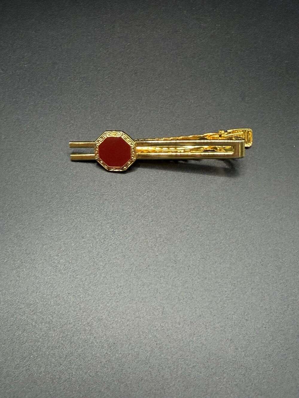 Vintage Noritake Gold Tone Tie Clip Red Octagon Geometric Art Deco Japan